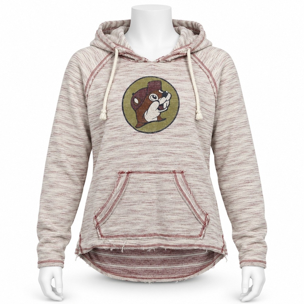 Buc-ee's XL Hoodie Red White Space Dye Beaver Logo Raw Hem Pullover Knit